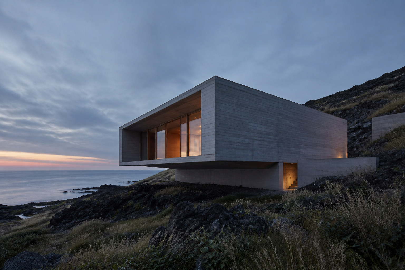 海辺の静かなコンクリート建築を捉えたKUONのコンセプトビジュアル